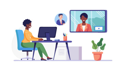 Poster - Woman working from home on computer having video call conference meeting business online remote work vector