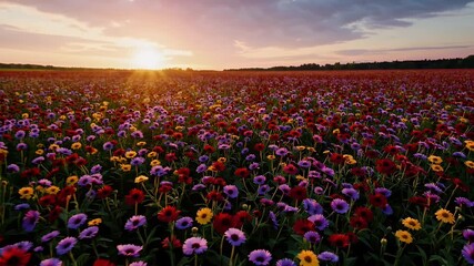 Wall Mural - Endless valley wild blossoms painted gold sunrise breeze petals shimmering seamless video UHD timelapse radiates pastoral serenity meditation tourism