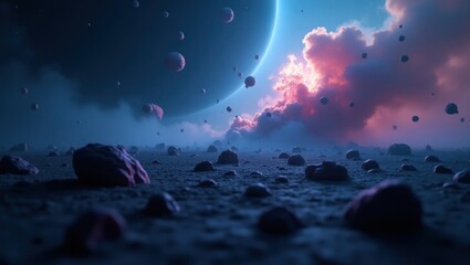 Wall Mural - An alien planet's landscape under a vibrant, swirling atmosphere.