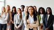 © wetzkaz - group of diverse women standing in row with one happy smiling woman in front of them, business team portrait