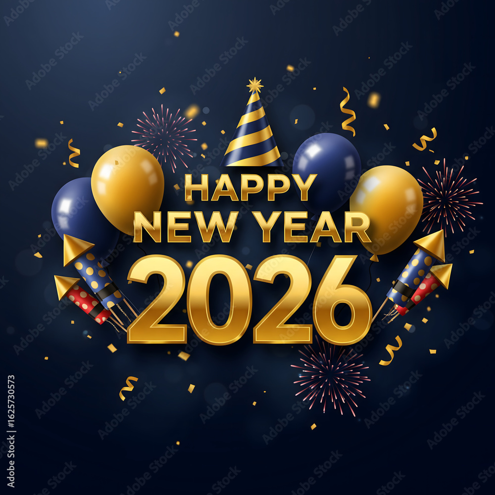 Happy New Year 2026 Celebration with Golden Text, Confetti, Balloons ...