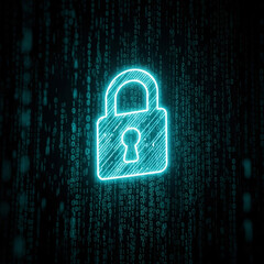 glowing neon blue padlock icon in a digital matrix of binary code.