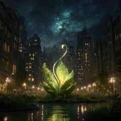 Wall Mural - a glowing sprout symbolizing life in a high-tech city under the stars--a --v 7 job id: 2bb3cd28-e82e