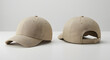 © Adi - Beige baseball cap mockup with front and back views. Plain headwear template for design presentation, isolated on a neutral gray background.