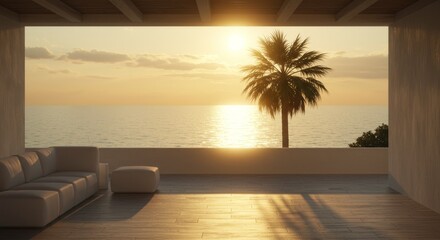 Wall Mural - Serene Sunset Terrace Ocean View - Peaceful sunset, ocean view, palm tree, modern terrace, relaxation. Symbolizing tranquility, escape, luxury, nature, and serenity