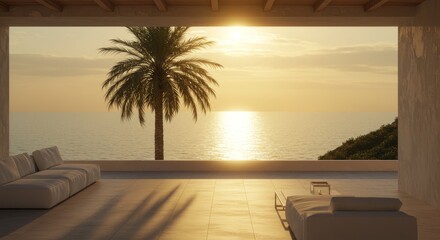 Wall Mural - Sunset Ocean View Terrace - Serene sunset, ocean view, palm tree, outdoor terrace, relaxation. Symbolizing peace, tranquility, escape, luxury, and nature