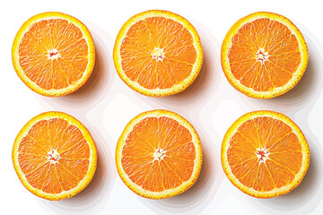 Wall Mural - Six Sliced Orange Halves Arranged on a White Surface in a Flat Lay Style