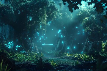 Wall Mural - digital jungle with wireframe trees and glowing plants, synthetic environment, peaceful and alien