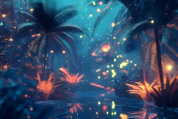 Wall Mural - digital jungle with wireframe trees and glowing plants, synthetic environment, peaceful and alien