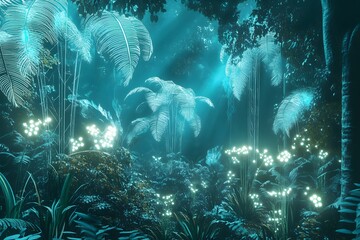 Wall Mural - digital jungle with wireframe trees and glowing plants, synthetic environment, peaceful and alien
