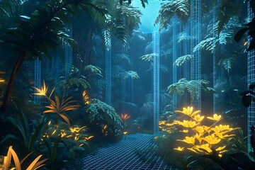 Wall Mural - digital jungle with wireframe trees and glowing plants, synthetic environment, peaceful and alien