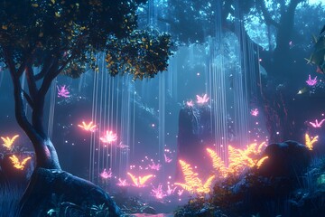 Wall Mural - digital jungle with wireframe trees and glowing plants, synthetic environment, peaceful and alien