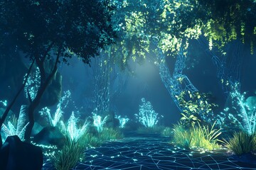 Wall Mural - digital jungle with wireframe trees and glowing plants, synthetic environment, peaceful and alien