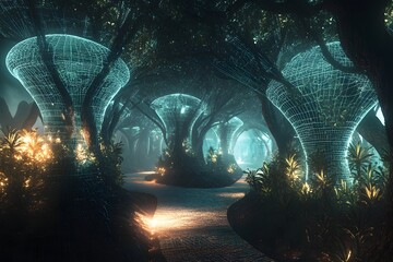 Wall Mural - digital jungle with wireframe trees and glowing plants, synthetic environment, peaceful and alien