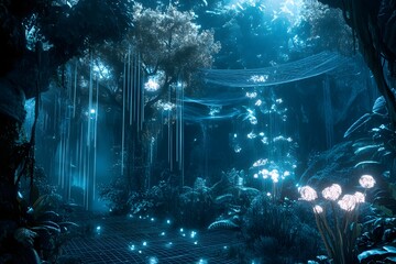 Wall Mural - digital jungle with wireframe trees and glowing plants, synthetic environment, peaceful and alien