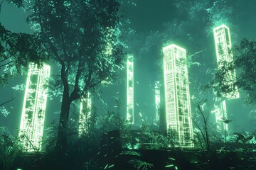 Wall Mural - digital jungle with wireframe trees and glowing plants, synthetic environment, peaceful and alien