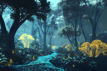 Wall Mural - digital jungle with wireframe trees and glowing plants, synthetic environment, peaceful and alien