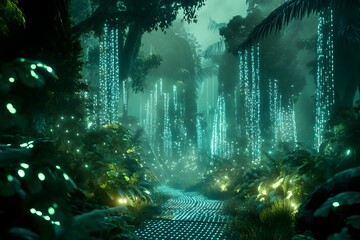 Wall Mural - digital jungle with wireframe trees and glowing plants, synthetic environment, peaceful and alien