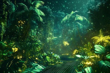 Wall Mural - digital jungle with wireframe trees and glowing plants, synthetic environment, peaceful and alien