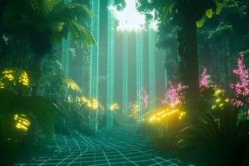 Wall Mural - digital jungle with wireframe trees and glowing plants, synthetic environment, peaceful and alien