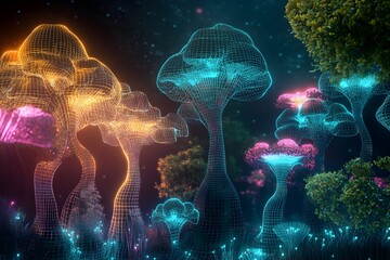 Wall Mural - digital jungle with wireframe trees and glowing plants, synthetic environment, peaceful and alien