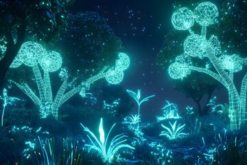 Wall Mural - digital jungle with wireframe trees and glowing plants, synthetic environment, peaceful and alien