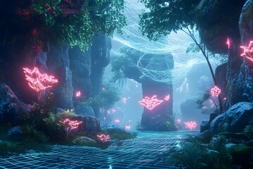Wall Mural - digital jungle with wireframe trees and glowing plants, synthetic environment, peaceful and alien