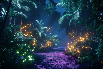 Wall Mural - digital jungle with wireframe trees and glowing plants, synthetic environment, peaceful and alien