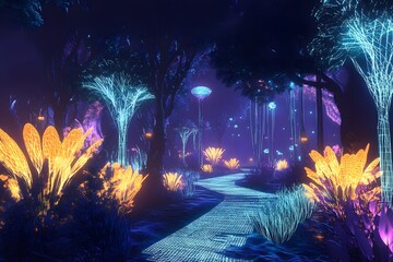 Wall Mural - digital jungle with wireframe trees and glowing plants, synthetic environment, peaceful and alien