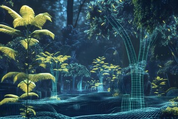 Wall Mural - digital jungle with wireframe trees and glowing plants, synthetic environment, peaceful and alien