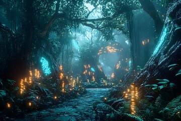 Wall Mural - digital jungle with wireframe trees and glowing plants, synthetic environment, peaceful and alien