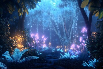 Wall Mural - digital jungle with wireframe trees and glowing plants, synthetic environment, peaceful and alien