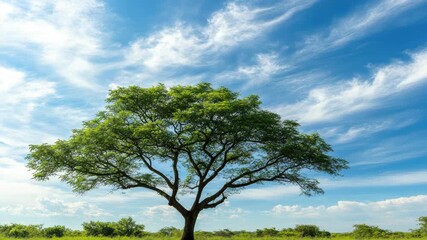 Wall Mural - lush tree stands alone in grassy field under blue sky