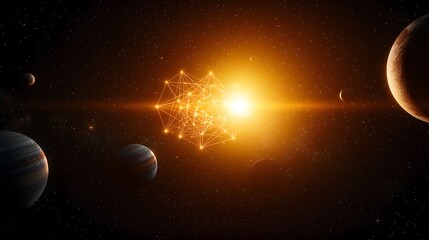 Wall Mural - A scene of outer space is showcased, featuring a bright geometric structure, planets, and a star, all set against a backdrop of stars, creating a cosmic and futuristic feel.