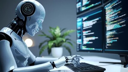 AI Code Robot Developer Typing on Keyboard, Programming on Screen