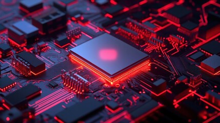 An intricate circuit board featuring vibrant red neon lights and a central microchip. This futuristic design symbolizes technology and innovation in electronics.