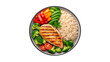 © Anjuman - Overhead shot of a healthy chicken and rice bowl with fresh vegetables isolated on transparent background for a balanced diet
