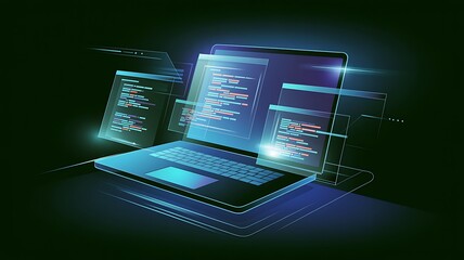 Futuristic laptop displaying lines of glowing code in a dark environment