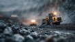 © Thares2020 - A heavy construction vehicle operates in a rugged mining environment  long title A powerful excavator or front end loader navigates through a