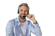 © ty - Businessman wearing headset working in home to support remote customer or colleague. Call center, telemarketing, customer support agent provide service on telephone on a transparent background