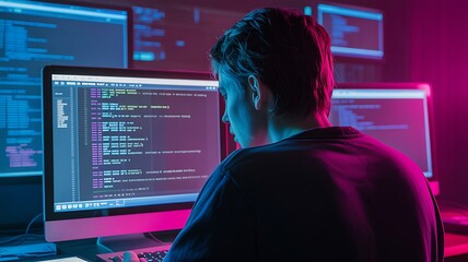 Programmer working late at night on multiple computer screens with code