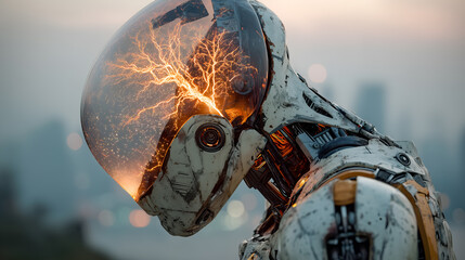 A futuristic android with electrical activity inside its head, set against a city skyline. The robot has a transparent dome head, exposing the glowing energy within