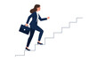 © Laodefardin - Vector Illustration of Businesswoman Climbing Stairs Minimalist Style Blue Suit Career Success Concept
