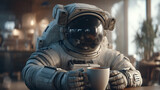 an astronaut takes a coffee break in a cafe, a blend of space and everyday life. The astronaut's futuristic helmet contrasts with the cozy atmosphere.