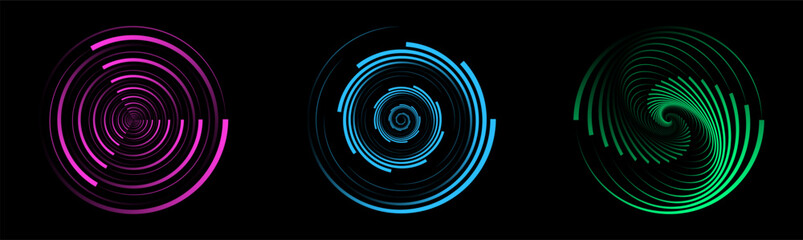 Poster - Abstract spiral shape set with glowing circular lines in vibrant pink, blue, and green tones on black background, perfect for digital art, motion graphics, or technology themed design elements