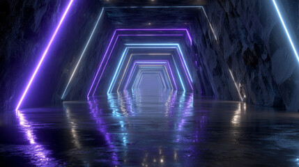 Wall Mural - Neon-light tunnel with infinite reflections, vibrant purple and blue tone