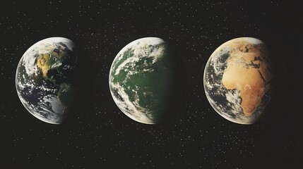 Wall Mural - three earth globes showing different continents against a starry black space background view from sp