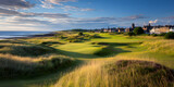 Stunning view of historic links golf course with pot bunkers and rolling fairways in St Andrews, Scotland