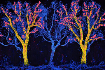 Wall Mural - surreal night landscape with glowing pink and blue trees
