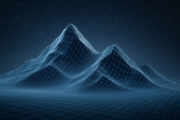 Wall Mural - Abstract digital mountain landscape with wireframe grid lines under a starry night sky on dark background, futuristic terrain concept scene. Ai generative